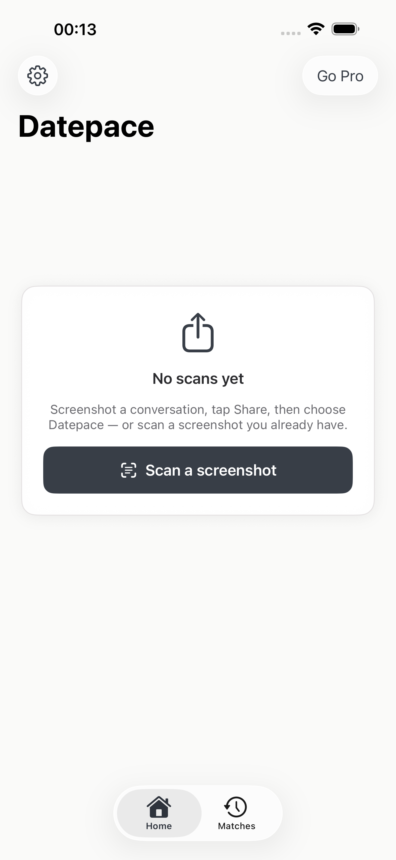 Datepace home screen, ready to scan a screenshot