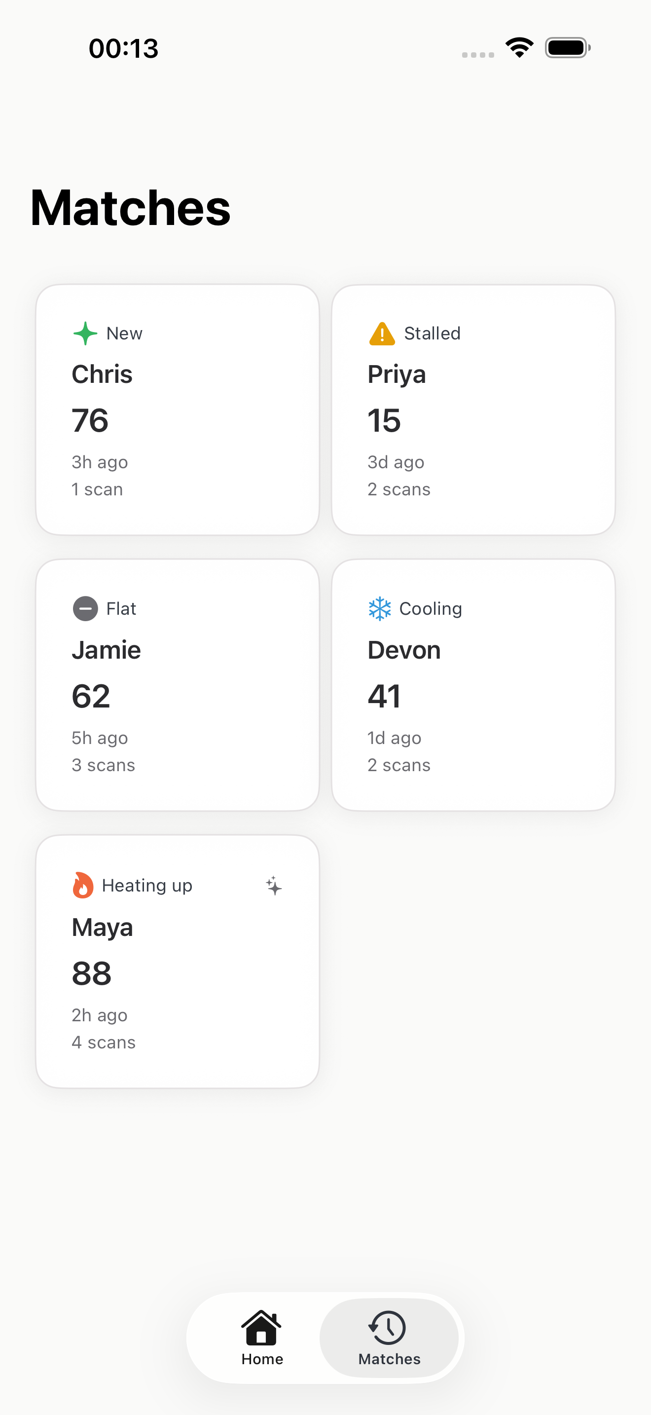 Datepace Matches screen showing momentum status for several matches